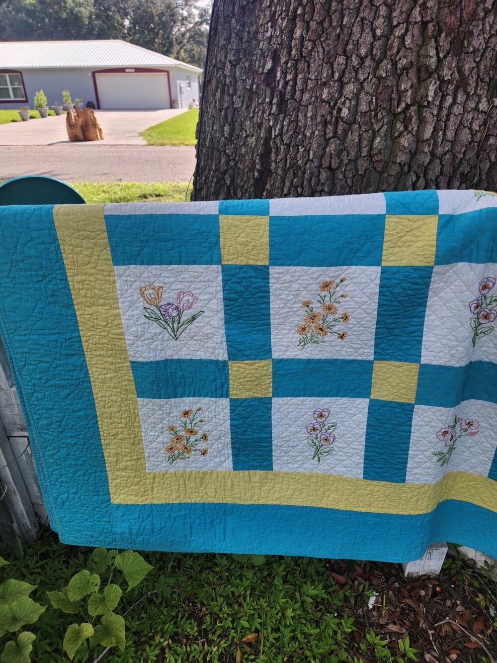 Vintage 1940 Handmade Floral Embroidered Quilt Blue Yellow Hand Quilted